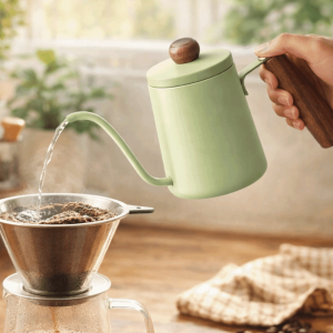 GAOSU 350ML Pour Over Coffee Kettle Wood Handle Stainless Steel Goose Neck Coffee Pot Comfortable Grip Temperature Meter Drip Filter Coffee Maker Precision Pouring