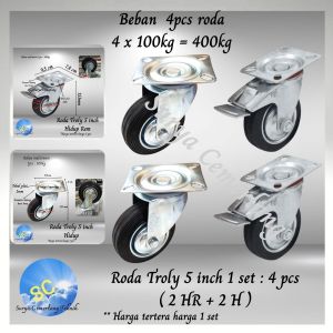 Roda troli Karet 5 inch troly kastor 1 Set 4pcs( 2Hidup Rem 2 Hidup ) Roda 5"