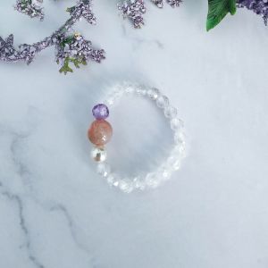 Ready Stock SG - Sakura Agate White Zircon Elastic Beaded Crystal Ring Handmade Crystal Ring