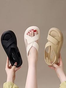 [Free Shipping] WomenS Elastic Strap Sandals 2026 Summer New Model Genuine Leather Soft Sole Non-Slip Lightweight Beach Shoes To Wear With Skirts
