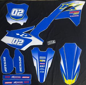 Dekal stiker Kawasaki KX 250 Motif Kombinasi Biru Putih Racing Team