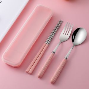 3-in-1 Stainless Steel Wheat Handle Chopsticks Spoon Fork Travel Creative Metal Cutlery Set with Box