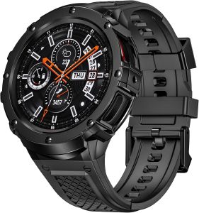 Silicone Band with Metal Case Compatible with Galaxy Watch 4 5 44mm Rugged Stainless Steel Cover with Adjustable Replacement Bands for Samsung Galaxy watch 4 5 44mm Men (Black)