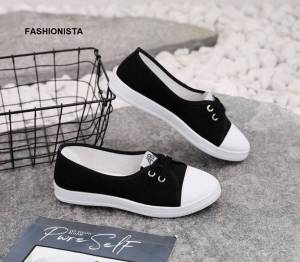 รองเท้าสลิปออน ผ้าใบ ผูกเชือก แบบสววม สีดํา สีขาว