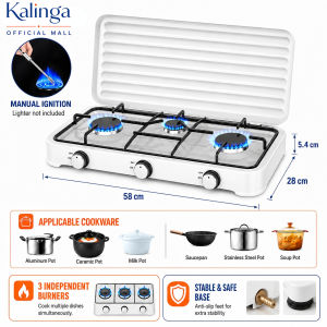 【COD】Kalinga Gas Stove With Cover 3 Burner Portable Table Top LPG Gas Cooker Tempered Glass Panel Heavy Duty Gas Stove Adjustable Flame Tabletop Cooking Range For Home Apartment Rental Outdoor Camping Kitchen Use