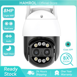 Hamrol 8X Zoom 4K 8MP Dual Lens PTZ WiFi IP Camera Outdoor CCTV Video Surveillance Two Way Audio 2K 4MP Home Security Camera iCsee APP