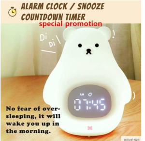 💖READY STOCK💖Bear Night Light Cute Kids Alarm Clock Soft BPA-Free Silicone Portable Nursery Lamp Children USB Recharge