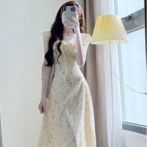 QC_Đầm thiết kế mặc hè đầm Xốp hoa xinh dáng dài tay cánh tiên vai bèo buộc dây kèm lót phong cách nàng thơ