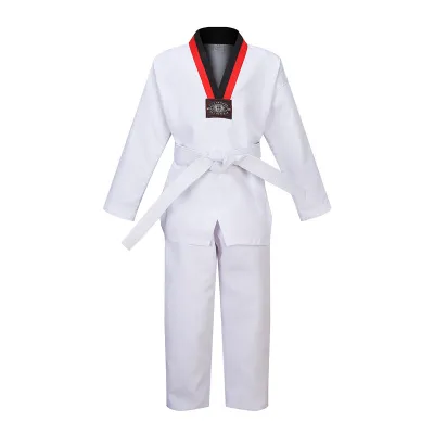 110-180cm Cotton Taekwondo Uniform Karate Uniform Taekwondo V-Neck White Complete Uniforms with Free White Belt