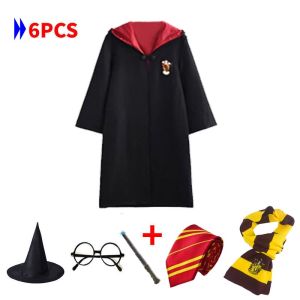 6PCS Harry Potter Costume Robe Cape Cloak Halloween Cosplay Magic with Tie Scarf Luminescence Wand Glasses Cape Hermione Gryffindor Slytherin Hufflepuff Ravenclaw Suit Cosplay Party