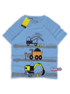 Kaos anak laki laki karakter kendaraan alat berat motif 3TRUCK BIRU bahan adem sablon plastisol