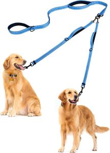 PetBonus Double Dog Leash No Tangle Dual Leash Reflective Walking Training Lead 4 Comfortable Padded Handles for 2 Dogs with Collapsible Bowl and Waste Bags (Black Large)