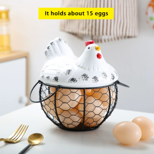 (COOLKID)Hen storage basket wrought iron blue ceramic egg basket fruit storage basket blue