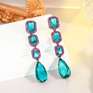 SEQUITO Vintage Boho Long Dangle Earrings Black Gold Plated Paved Purple Green AAA CZ Zirconia Crystal with Waterdrop Stones Popular Women Ear Jewelry for Pageant Bar Party SE695