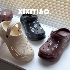 [Free Shipping] Creative Simulated 3D Cool Ice Cube Summer Sandals Fashionable Outdoor EVA Soft Thick-Soled Latte Color WomenS Clogs