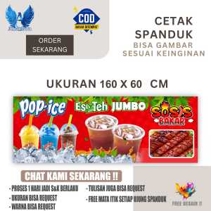 Cetak Spanduk Cetak Banner Es Teh Jumbo Pop Ice Sosis Bakar Ukuran 160x60 Costom Desain