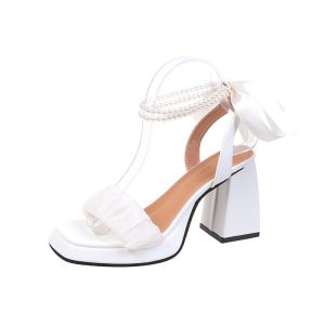 Giày cao gót đúp vuông 9p quai ngang nhún ren vòng cổ hạt châu thắt nơ ruy băng sau gót SD76