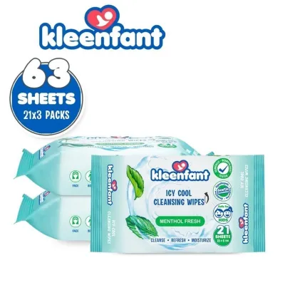 Kleenfant Menthol Fresh Icy Cool Cleansing Wipes 21 Sheets Pack of 3 Power Cooling Wipes Scented