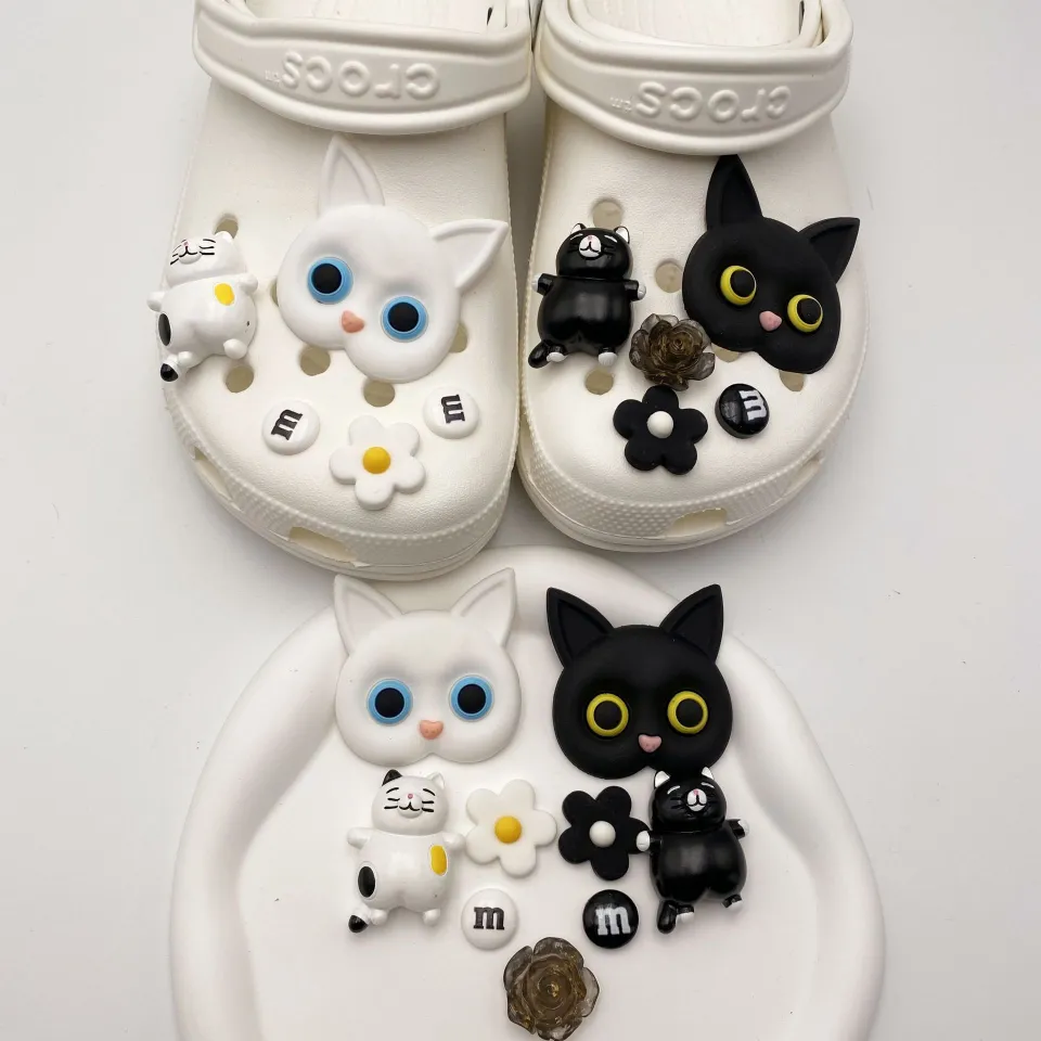 Crocs Charms Shoes DIY Ccessories 3D Black White Cat Set Shoes - Main Image