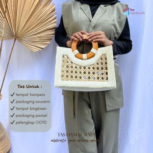 Tas Hampers Pandan Putih Handle Kayu | Tas Souvenir Anniversary | Tas Bingkisan Umrah Haji | Tas Hadiah Ulang Tahun | Tas Parcel