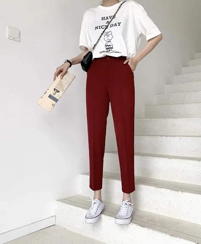 Ginza6 Korean high waist pants for women casual crop straight suit