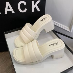 SUNBALEE🔥 รองเท้าแตะส้นสูงสายคาด สีพื้น ส้นสูงสไตล์เกาหลี รองเท้ายาง พื้นนิ่มใส่สบาย 🔥E2323