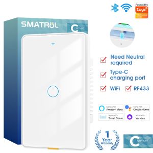 SMATRUL Tuya Smart Home Wireless WiFi RF433 US 2-Way Light Wall Touch Switch 110-240V Type-C Timing 6 Gang Voice App For  Genie Alexa  Home