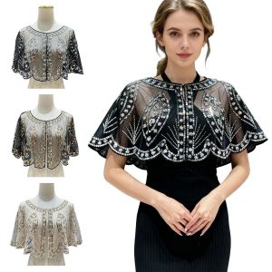 NOBLELUX 1920s Flapper Shawl Flower Cape Shawl Beaded Short Shawl Fashion Sequin Evening Wrap Women