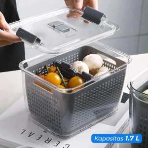 Kotak Kontainer Tempat Penyimpanan Makanan di Kulkas Lengkap dengan Keranjang Penyaring Organizer Drainer with Lid Ukuran 1.7 Liter | Kotak Tempat Bahan Makanan Buah Sayur Tomat Rempah Serbaguna dengan Keranjangan Cuci Pengering Saringan Air | SHIMOYAMA