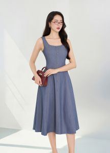 [Voucher 15% MOV 199K cap 100K Đầm dáng xòe HeraDG thiết kế kiểu sát nách trần chỉ phối cúc giả jean chất tuytsi cao cấp SDPBD2093