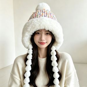 LUMINOU Soft Colored Beans Beanie Cap Warm Fleece Lined Ear Protection Hat Fashion with Straps Stretchy Knitted Hat for Women