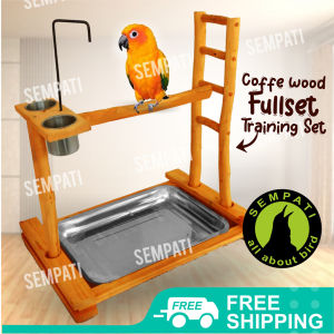 SEMPATI Tangkringan Burung Parrot Kayu Kopi Fullset Plus Tatakan Cepuk Wadah Makan Minum Tangkringan Burung Nuri Hantu Kakatua Bayan Sun Conure Parkit Australia Macau Elang Dll
