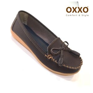 OXXO รองเท้าเพื่อสุขภาพหนังแท้ หนังวัว รองเท้าคัทชู พี้นแบน หนังนิ่มมาก พี้นยางสั่งทำพิเศษ พื้นสูง1นิ้ว ใส่สบาย X06022