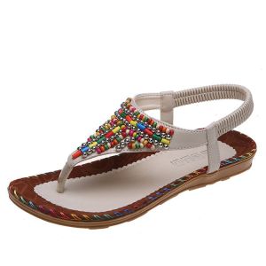 Free Shipping Roman Sandals For Women Summer Flat-Soled Comfortable Toe-Post Style With Rhinestone Embellishments Available In Extra-Large Sizes 42 And 43