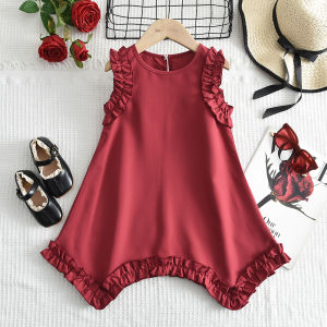 Bear Leader 3 4 5 6 7 Years New Red Dresses for Kids Clothing Korean Girls Ear Edge Irregular Sleeveless Solid Color Dress Childrens Holiday Casual Wear Clothes
