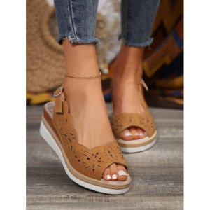 [Free Shipping] Hollowed-out woven wedge sandals peep-toe buckle platform shoes casual summer versatile womens shoes