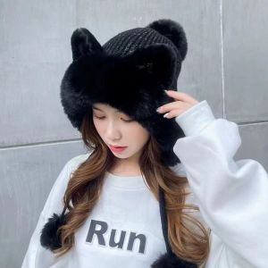 MAXG Hoạt hình Mũ Dệt ấm áp Tai Mèo Mũ vành tai Mũ Beanie lông Lông mịn Mũ trượt tuyết Mùa đông