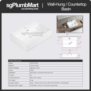 Rubine x sgPlumbMart VENTO 60M Wall Hung / Countertop Ceramic Basin 600x420x145mm Toilet Bathroom Basin Table Top Basin