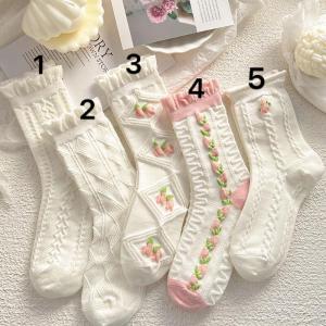 5/1 Pair Women Lolita JK  Pink Floral J White Socks Cute Japanese  Socks Lolita Tube Socks Ankle socks