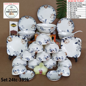 Bộ tô bát chén đĩa "Phong Cách Nhật" 24 chi tiết chất liệu gốm sứ tráng men an toàn decor cao cấp