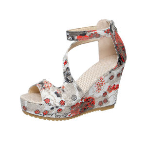 WomenS Summer New Floral Fabric Wedge Heel Large Size Peep-Toe Casual High-Heel Sandals