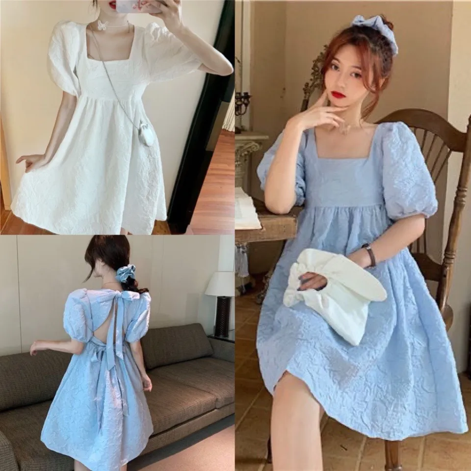 Váy sơ mi thắt eo ren nhỏ tươi mát của phụ nữ kẻ sọc ngắn tay váy chữ A mùa  hè học sinh Hàn Quốc váy dài trung - A-Line Váy 🆘
