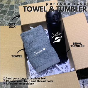 Personalized Embroidery Towel and Tumbler with names logo for souvenirs - Gift Set Ideas