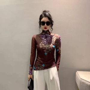 Ammin 2024 Áo thun dài tay in họa tiết hoa Định vị thời trang bán cổ cao đơn giản Mùa Xuân/hè phong cách hàn quốc nữ áo Áo Blouse thanh lịch thường ngày cổ điển tay phồng lưới cỡ lớn