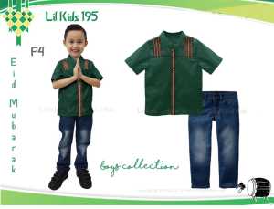 Setelan Baju Koko Anak Laki Laki Lil Kids Warna Hijau Botol / Baju Muslim Anak Impor Lengan Pendek Usia 3-12th
