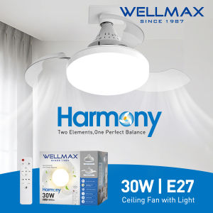 WELLMAX Ultra-quiet Ceiling Fan With Light For Kitchen Bedroom E27 Tricolor Led Ceiling Light With Invisible Fan Remote Control Stepless Dimming 100-240V Harmony Series
