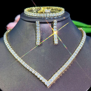 SEQUITO Noble Ladies Pendant Earrings Necklace Bracelet Set Yellow Gold Plated Pave Setting Princess Cut AAA Cubic Zirconia Anniversary 3Pcs Jewelry SJ388