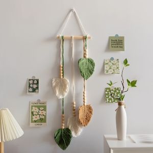HCHC MALL Tua rua Trang trí tường phong cách Bohemian Làm thủ công Sợi dệt Thảm treo tường hình lá cây Sáng tạo Hạt gỗ Thảm dệt tay Trang trí nhà cửa