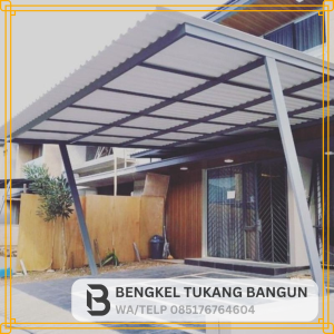 Kanopi Rangka Besi hollow Galvanis Atap Alderon RS Single Layer atau uPVC