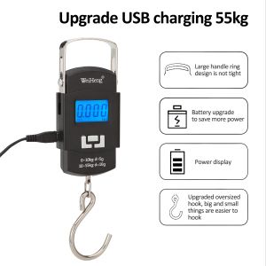 55Kg/10g Electronic Digital Hanging Scale LCD Display USB Charging Double Precision Fish Hook Scale Portable Mini Luggage Scale Travel Weight Metal Steelyard Backlight